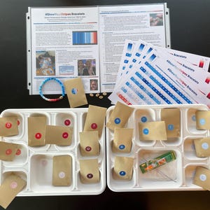 May include: A craft kit with the text "#ShowYourStripes Bracelets" includes a blue, white, and red beaded bracelet, printed instructions, and small brown paper bags with letter stickers. The kit is arranged in a white divided tray.