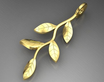 May include: A gold-colored pendant in the shape of a stylized leaf branch. The branch curves gracefully, with several detailed leaves. The pendant has a loop at the top for a chain. The background is a neutral gray.