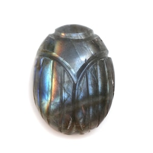 以下が含まれることがあります： 彫刻された、楕円形の宝石スカラベ。石は主にグレーで、青、緑、黄色の虹色の閃光があります。カブトムシは背中と頭に詳細な彫刻が施されており、白い背景に配置されています。