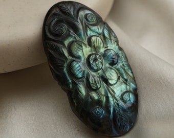 Large Labradorite Flower Carving | Hand Carved Oval Gemstone Pendant for Jewelry Making
