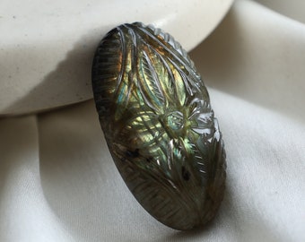 Labradorite Flower Carving | Hand Carved Oval Gemstone Pendant | Rainbow Flash Jewelry Making