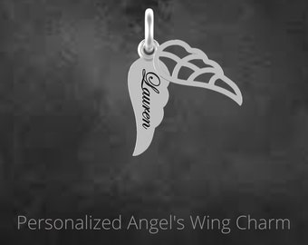 Sterling Silver Angel Wings Dangle Charm, Ideal Gift for a Special Occasion, Memorial Angel Wing Jewellery, Engraved Tag, Customized Charm