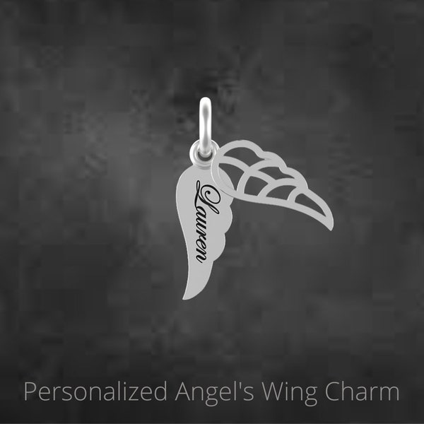 Sterling Silver Angel Wings Dangle Charm, Ideal Gift for a Special Occasion, Memorial Angel Wing Jewellery, Engraved Tag, Customized Charm