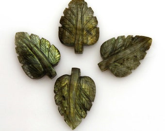 Rainbow Labradorite Leaf Carvings, Hand-Carved Gemstone Pendants (31x21mm)