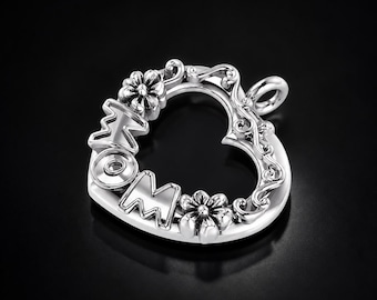 Sterling Silver Mom Heart Charm, 925 Silver Mother’s Day Charm Pendant, Filigree Mom Charm for Bracelet Necklace Jewelry Making