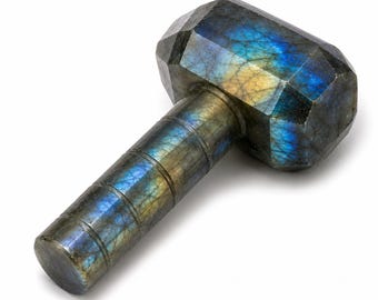 Labradorite Thor Hammer Carving | Flashy Mjolnir Crystal Pendant, Hand Carved Gemstone