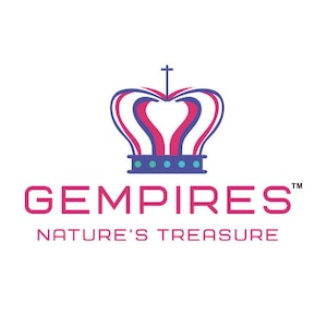 May include: A logo with a crown design in red, pink, and blue above the pink word "GEMPIRES". Below, in blue, is the text "NATURE'S TREASURE". The crown has a cross at the top and a decorative base.