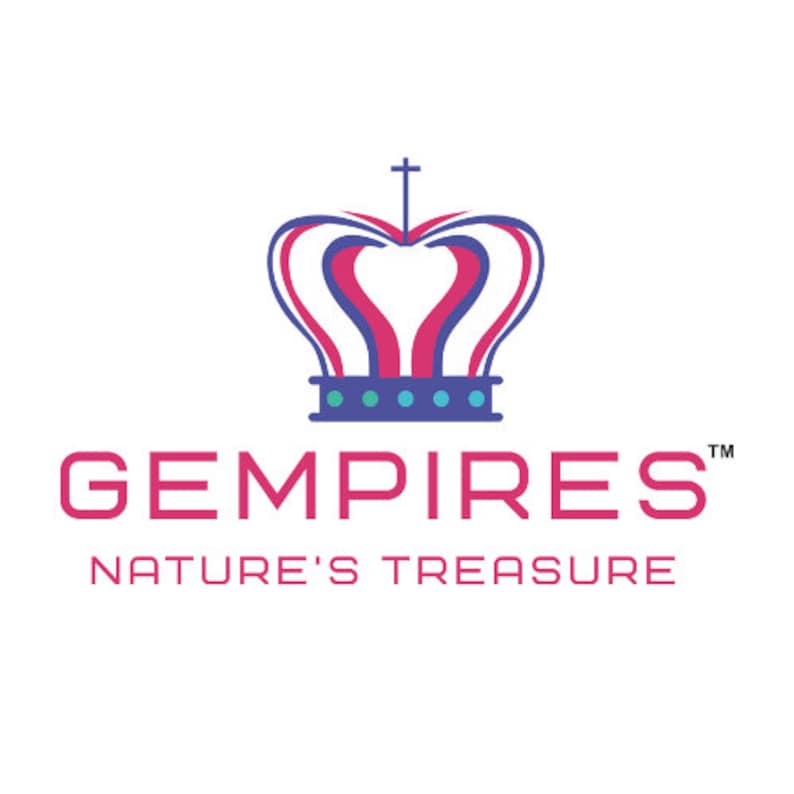 May include: A logo with a crown design in red, pink, and blue above the pink word "GEMPIRES". Below, in blue, is the text "NATURE'S TREASURE". The crown has a cross at the top and a decorative base.