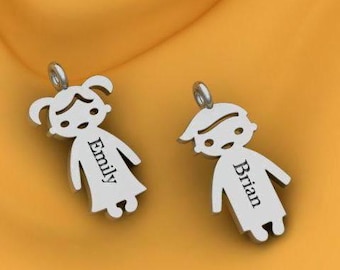 Personalisierter Kinderanhänger, Kindernamen graviert, Jungenanhänger, Mädchenanhänger, Kinder benutzerdefinierte Namen, Jungen- oder Mädchenfiguren gravierter Anhänger 15 MM