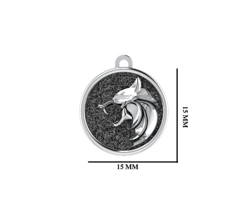 May include: A silver pendant featuring a wolf head design. The round pendant is 15 mm in diameter, with a textured black background. The wolf head is detailed and snarling, with a loop for a chain. The pendant is approximately 0.6 inches.