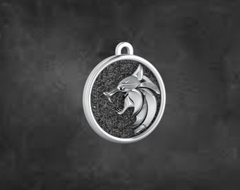 Oxidized Sterling Silver Witcher Wolf Medallion Charm, Handmade Pendant