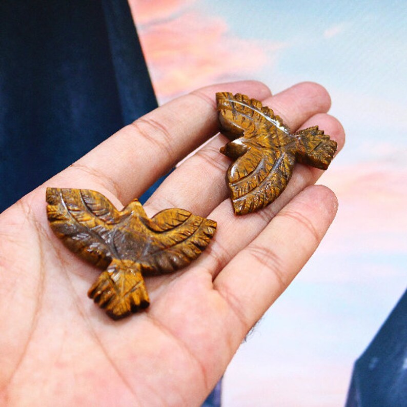 May include: Two carved stone bird figurines with outstretched wings. The birds are a warm brown color with darker brown veining, and are held in a person's hand. The wings and bodies are detailed with carved feathers. The background is a blurred mix of colors.
