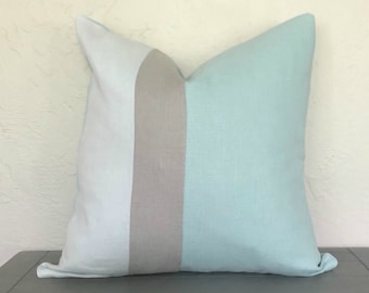 Elegant Color Block Linen Pillow Cover Meadow Green, Sea Green and Light Gray Decorative Sofa Couch Bedroom Living Room Pillows