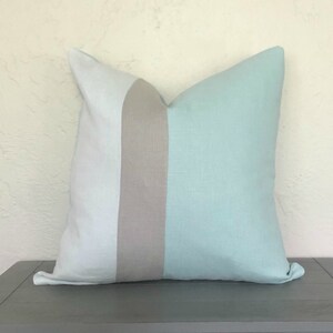 Elegant Color Block Linen Pillow Cover Meadow Green, Sea Green and Light Gray Decorative Sofa Couch Bedroom Living Room Pillows