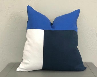 Elegant Color Block Linen Pillow Cover Sapphire Blue with White and Navy Blue Decorative Sofa Couch Bedroom Living Room Pillows