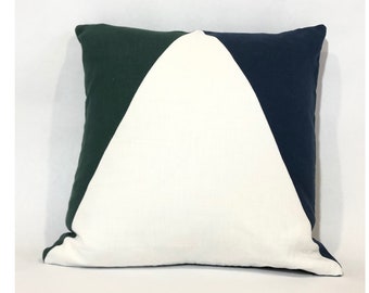 Elegant Color Block Linen Pillow Cover Emerald Green with Beige and Navy Blue Decorative Sofa Couch Bedroom Living Room Pillows
