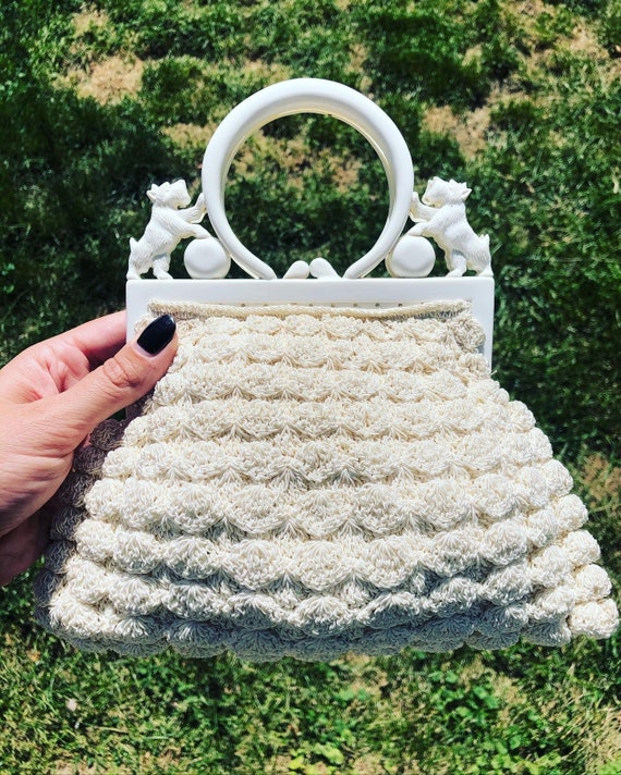 Vintage Antique White Dog Top Handle Purse Bag