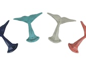 4 Piece Distressed Finish Cast Iron Whale Tail Wall Hook Set Coastal Beach Colors