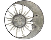 27 Inch Metal Sun Moon Face Distressed Off White Painted Rustic Wall Hanging Art
