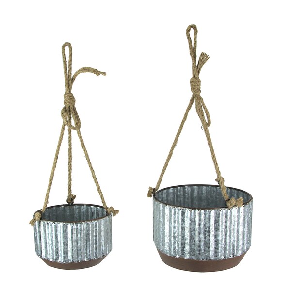 Farmhouse Style Corrugated Galvanized Metal and Rope Hanging Planters Set of 2