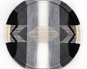Macrame hoop in black + charcoal + light grey - neutral art - scandi home - FunkyFibersMN - geometric macrame - circle macrame