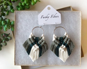 Elyse earrings in sage + pine on silver hoops - statement jewelry - FunkyFibersMN - boho fashion - fringe earrings -