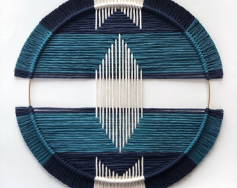 Macrame hoop in navy + blue lagoon - boho home decor - nautical home decor - circle macrame - FunkyFibersMN - geometric macrame