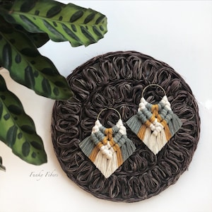Elyse earrings in Sage and Mustard - Macrame Earrings: Boho Fringe Statement Jewelry