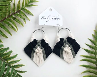 Elyse earrings in black and sage on silver hoops - statement jewelry - FunkyFibersMN - boho fashion - fringe earrings -