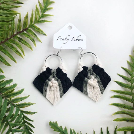 Elyse Earrings in Black and Sage Macrame Earrings on Silver