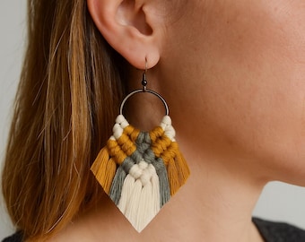 Elyse earrings in Mustard Sage - Macrame Earrings: Boho Fringe Statement Jewelry