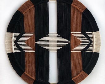 Macrame hoop in black, maple brown, + natural white - boho home decor - neutral art - scandi home - FunkyFibersMN - geometric macrame