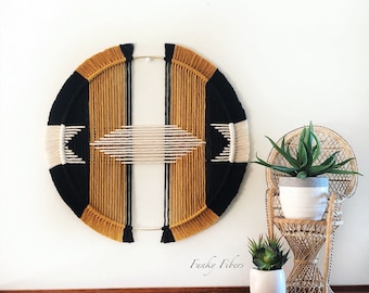 Macrame hoop in mustard and black - boho home decor -  - FunkyFibersMN - eclectic decor - geometric macrame