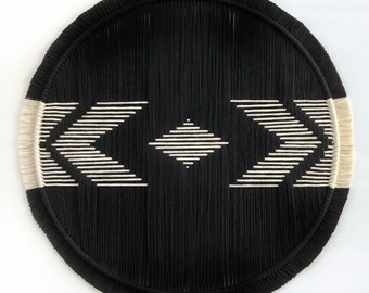 22 inch macrame hoop in black + white - boho home decor - neutral art - scandi home - FunkyFibersMN - geometric macrame - circle weaving