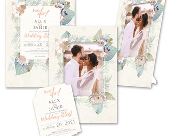 Personalized 2-in-1 Exotic Floral Modern Wedding Invitations & Photo Frames w/Envs by TimeFrames, 2 Sizes, 24/36/48/72/96/144/192 ct.