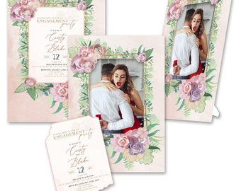 Personalized 2-in-1 Elegant Bouquet Engagement Party Invitations & Photo Frames w/Envs by TimeFrames, 2 Sizes, 24/36/48/72/96/144/192 ct.