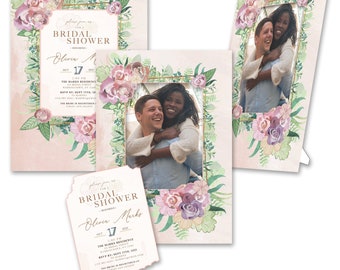 Personalized 2-in-1 Elegant Bouquet Bridal Shower Invitations & Photo Frames w/Envs by TimeFrames, 2 Sizes, 24/36/48/72/96/144/192 ct.