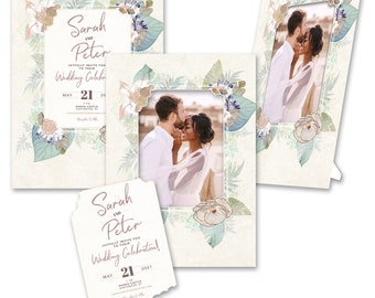 Personalized 2-in-1 Exotic Floral Casual Wedding Invitations & Photo Frames w/Envs by TimeFrames, 2 Sizes, 24/36/48/72/96/144/192 ct.
