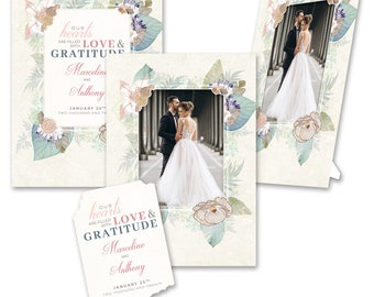 Personalized 2-in-1 Formal Style Exotic Floral Wedding Thank You's & Photo Frames w/ Envs by TimeFrames, 2 Sizes, 24/36/48/72/96/144/192 ct.