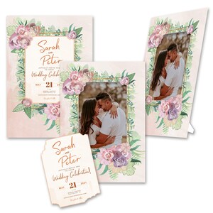Personalized 2-in-1 Elegant Bouquet Casual Wedding Invitations & Photo Frames w/Envs by TimeFrames, 2 Sizes, 24/36/48/72/96/144/192 ct.