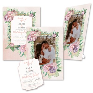 Personalized 2-in-1 Elegant Bouquet Modern Wedding Invitations & Photo Frames w/Envs by TimeFrames, 2 Sizes, 24/36/48/72/96/144/192 ct.