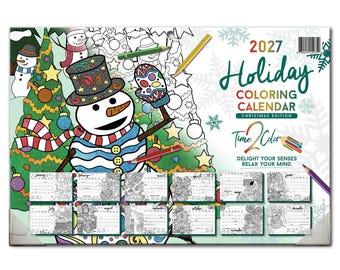 May include: A 2027 Holiday Coloring Calendar Christmas Edition featuring a large snowman illustration with a top hat and scarf. The calendar includes twelve monthly grid pages for coloring, accented by colored pencils and snowflake motifs.