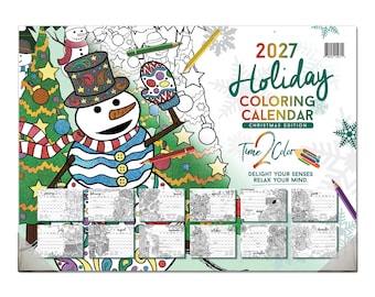 May include: A 2027 Holiday Coloring Calendar Christmas Edition featuring a large snowman illustration with a patterned hat and scarf. The calendar includes twelve monthly grids with intricate black and white line art designs for coloring.