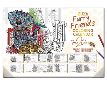 2026 Furry Friends Theme Coloring Calendar (19" x 13"): Home Edition