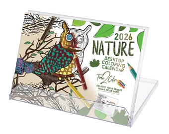 Time2Color 2026 Nature Theme Standing Lucite Desktop Coloring Calendar (8.5"x 6")