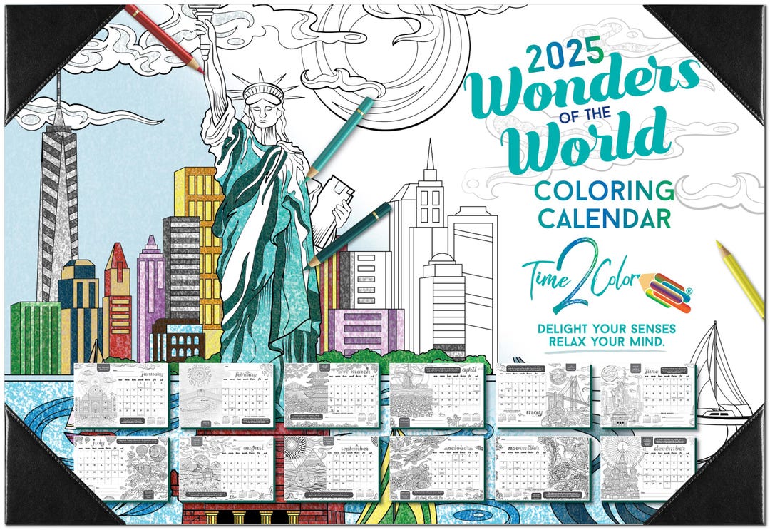 time2color-2025-wonders-of-the-world-theme-desk-blotter-coloring-calendar-jan-2025-to-dec-2025-19-x-13-etsy