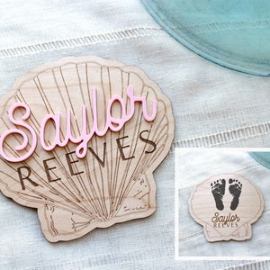 Personalized Beachy Baby Announcement Sign for Footprint Imprint | Boho Seashell Clam Wood Sign for Name Reveal | Hospital Room Decor