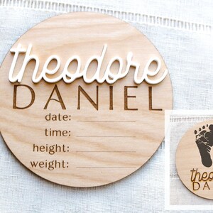 Modern Wood Newborn Announcement Sign with Footprint Imprint | Personalized Name Reveal Design Wood Sign | Hospital Room Decor