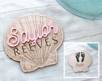 Personalized Beachy Baby Announcement Sign for Footprint Imprint | Boho Seashell Clam Wood Sign for Name Reveal | Hospital Room Decor