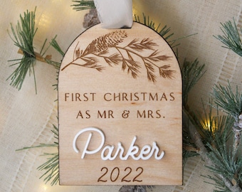 Pine First Christmas Together Ornament 2022 | Forest Personalized Rose Gold First Married Christmas | First Holiday as MR. and MRS. Acrylic